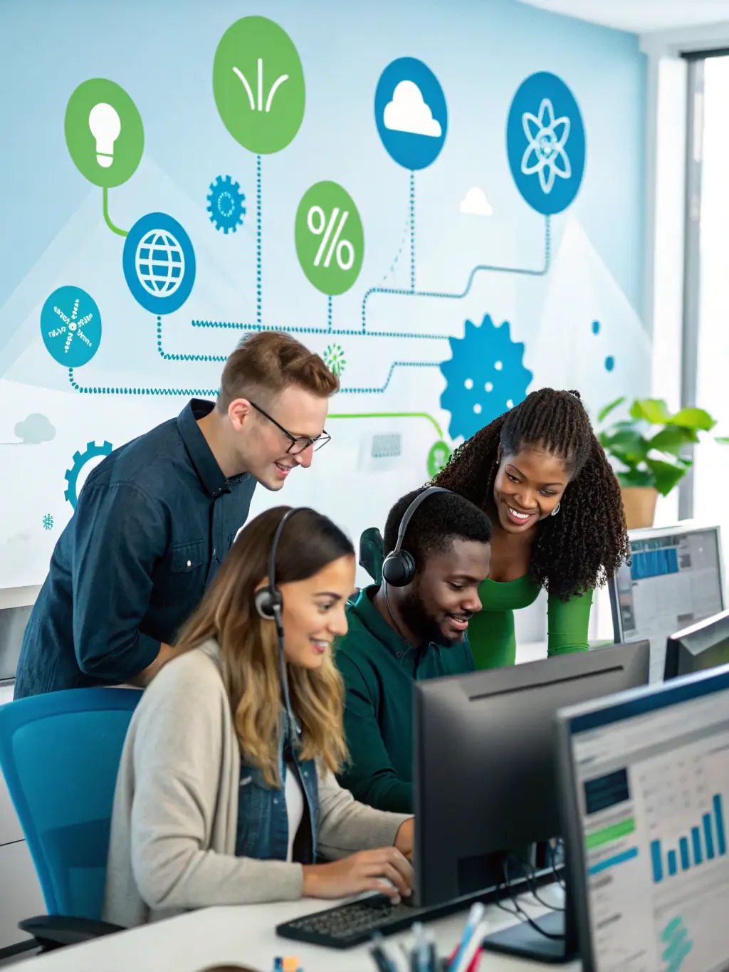 A professional-looking image depicting a diverse team collaborating seamlessly in a modern office environment, showcasing the improved teamwork facilitated by Pantheon's automation solutions.