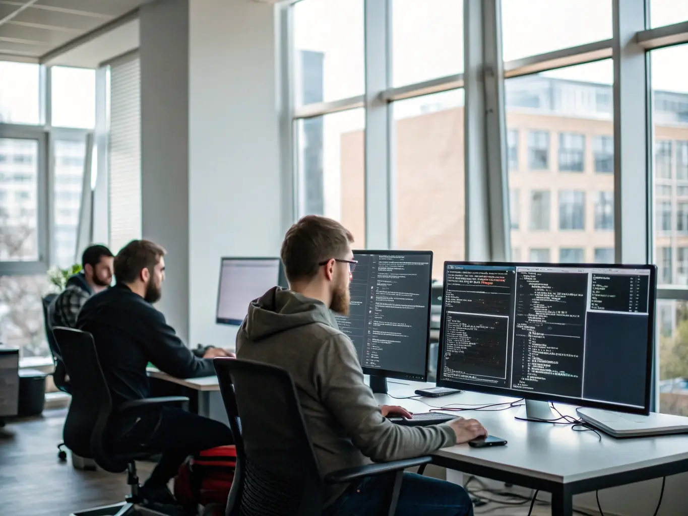 A professional setting showcasing a software development team collaborating on a complex coding project, highlighting Pantheon Development Co's expertise in custom software solutions.