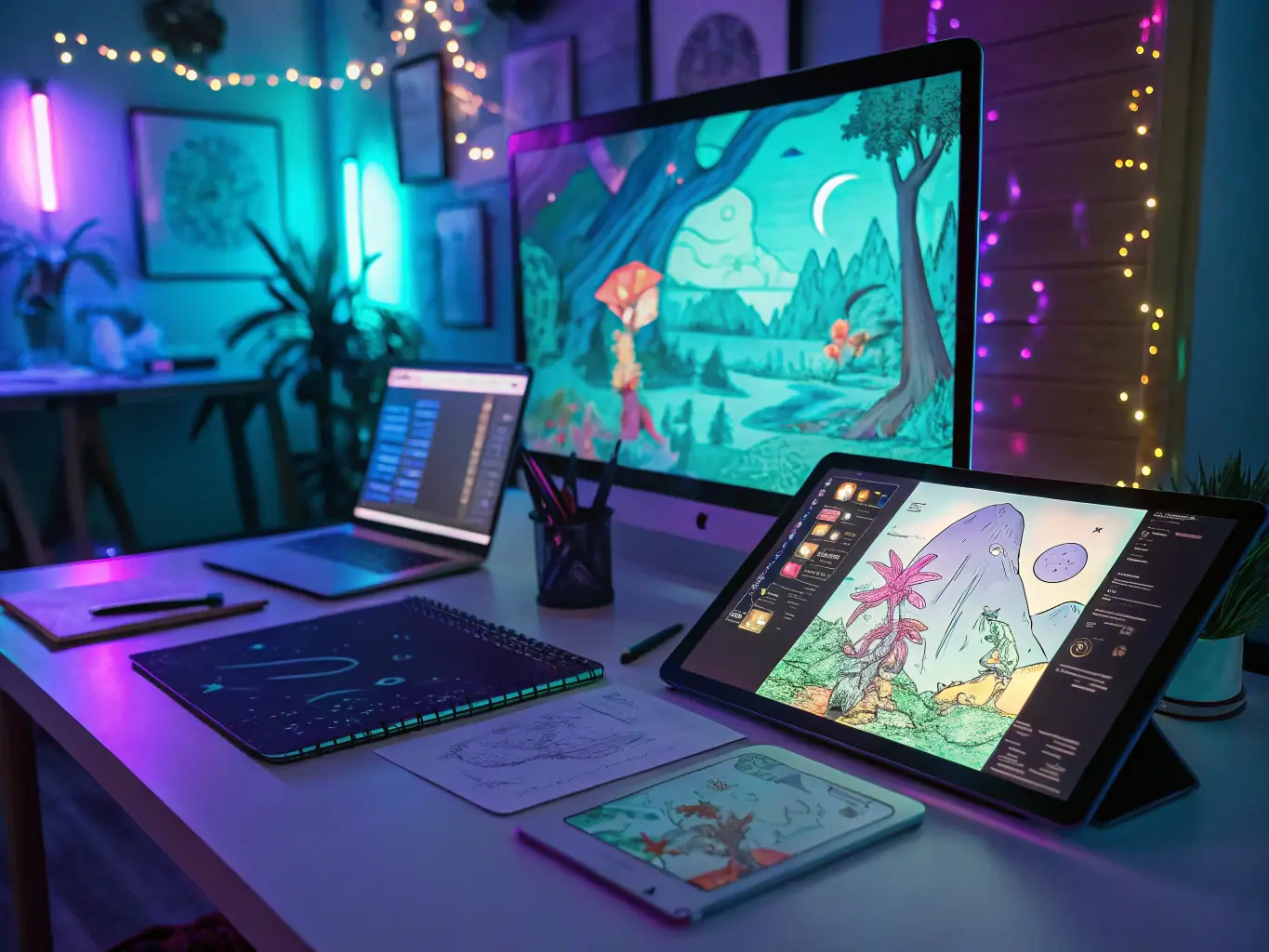 A futuristic office environment with AI interfaces and data visualizations, representing Pantheon Development Co's advanced AI system integration capabilities.